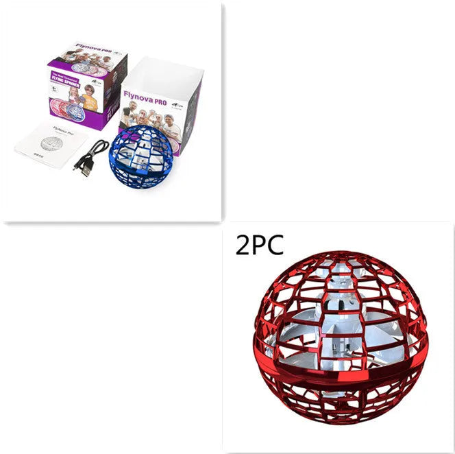 Blue spinning flying ball toy with LED lights hovering above a child's hand, next to a magic wand.
