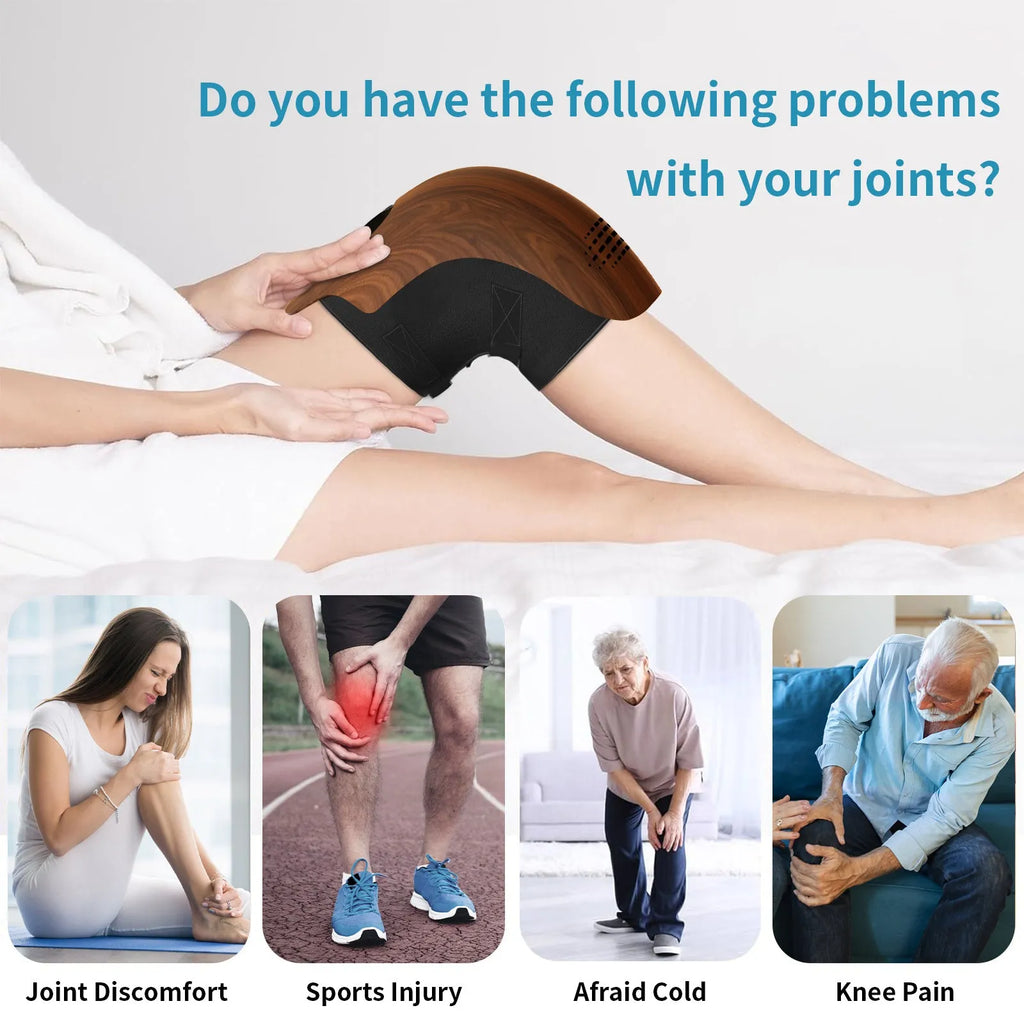 White wearable electric knee massager with straps, showing controls for kneading, heat, and vibration therapy.