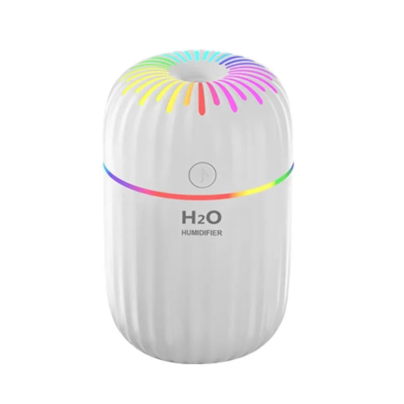 White USB mini humidifier with water tank on desk next to laptop