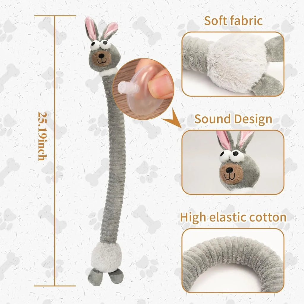Brown, grey and yellow plush squeaky dog toys with crinkle sounds and foldable design