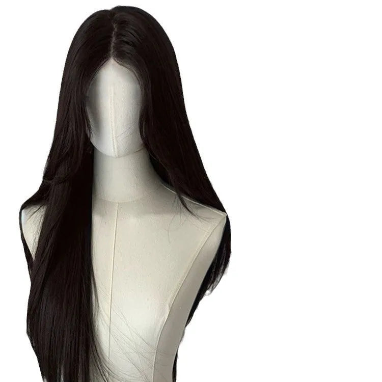Long straight black synthetic wig with side bangs on a wig head, showing full-head construction.