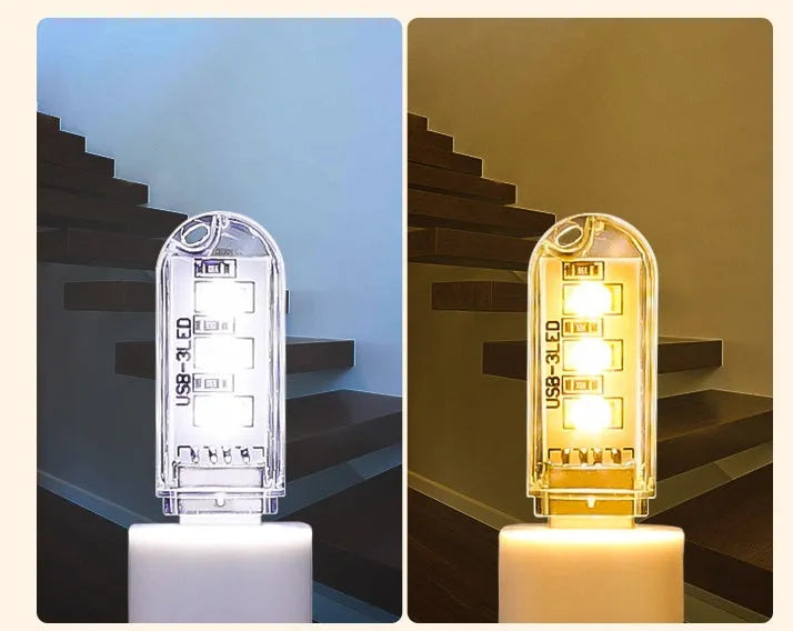 Small white USB-powered LED baby night light with eye protection, shown next to a USB cable for scale.