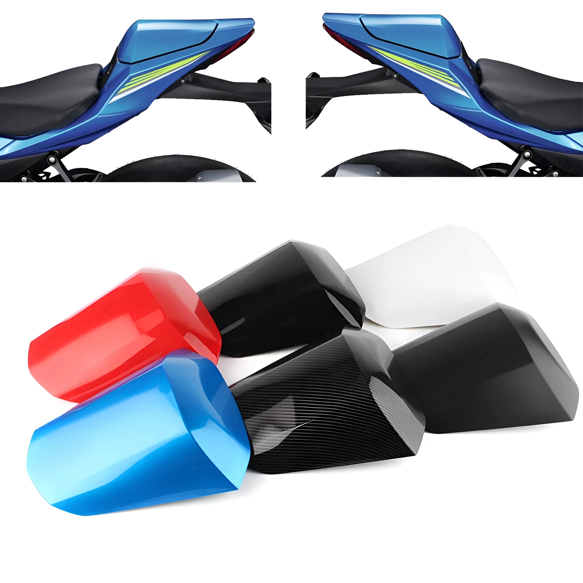 GSXR1000 motorcycle rear cowl seat cover in ABS plastic shown in multiple colour options