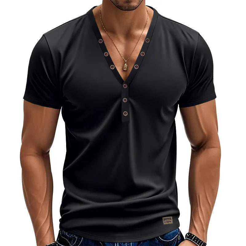 Man wearing a loose-fit grey V-neck button-front casual sports top.