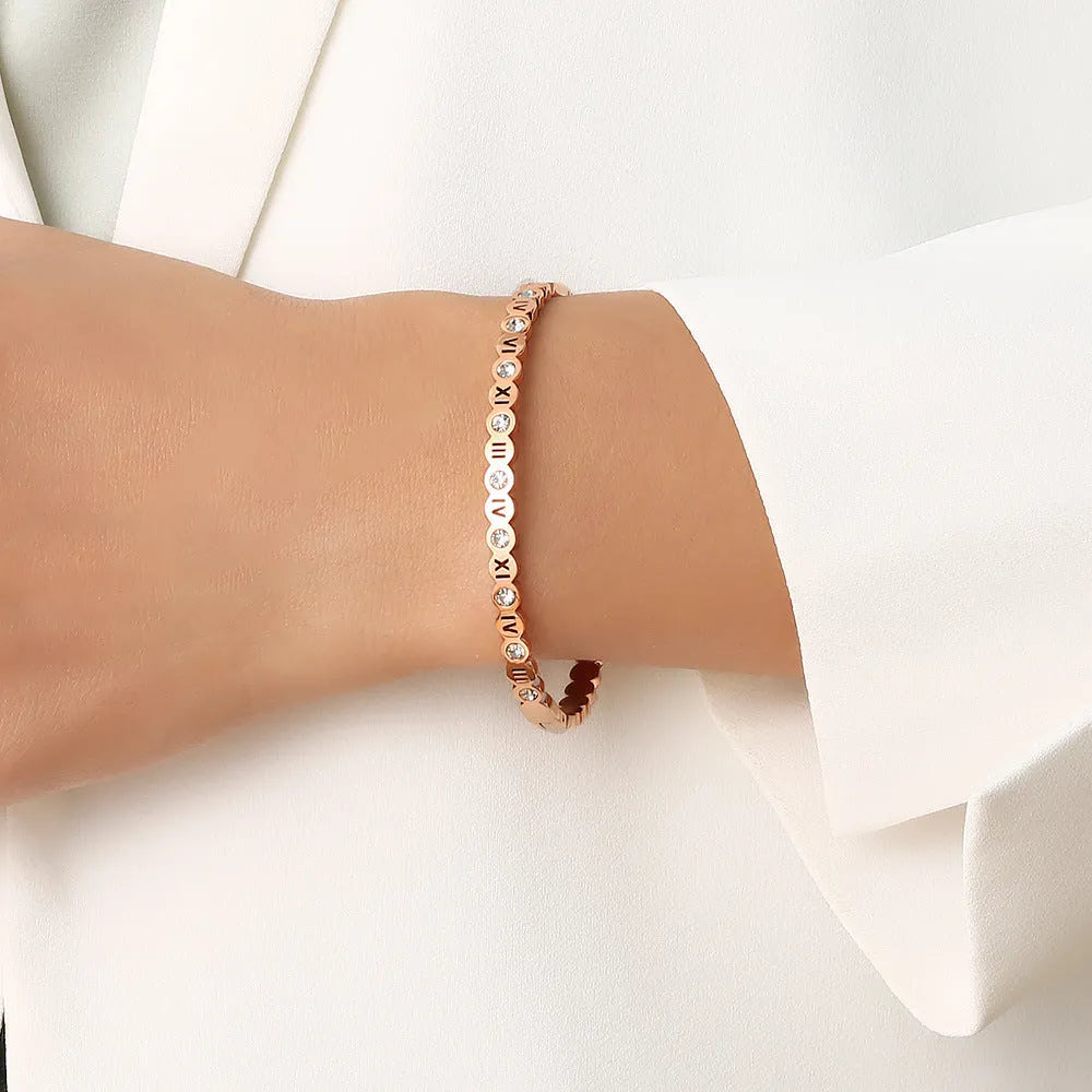Korean style titanium steel number bracelet in electroplated gold, rose gold or steel colour