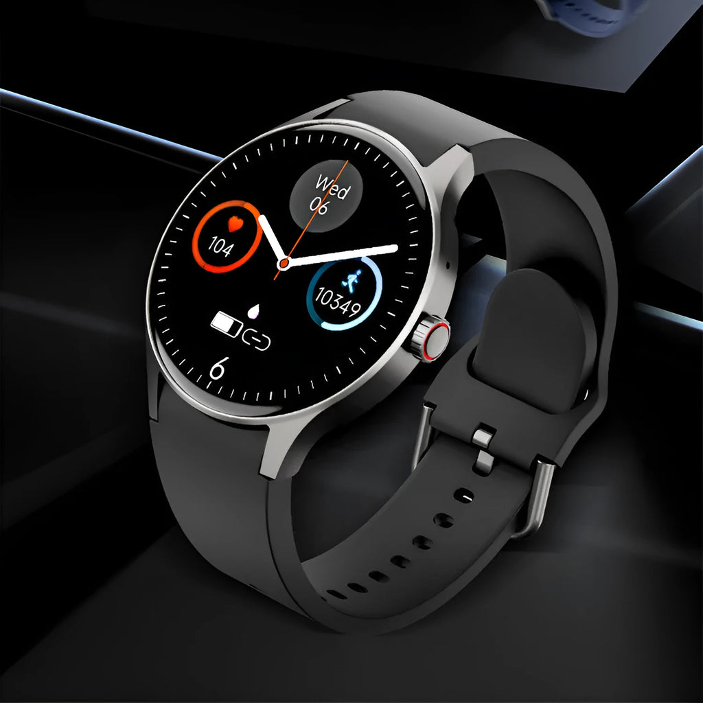 Bluetooth smart sport watch with round colour touch screen and IP68 waterproof rating in black, blue, pink, or red