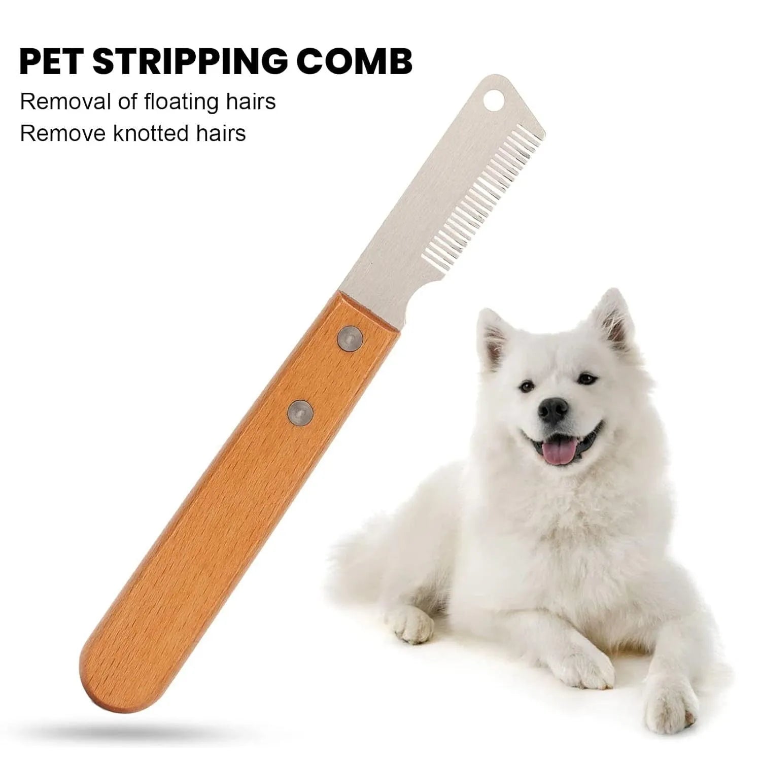 Pet stripping comb grooming tool with wood handle in two sizes for cats and dogs