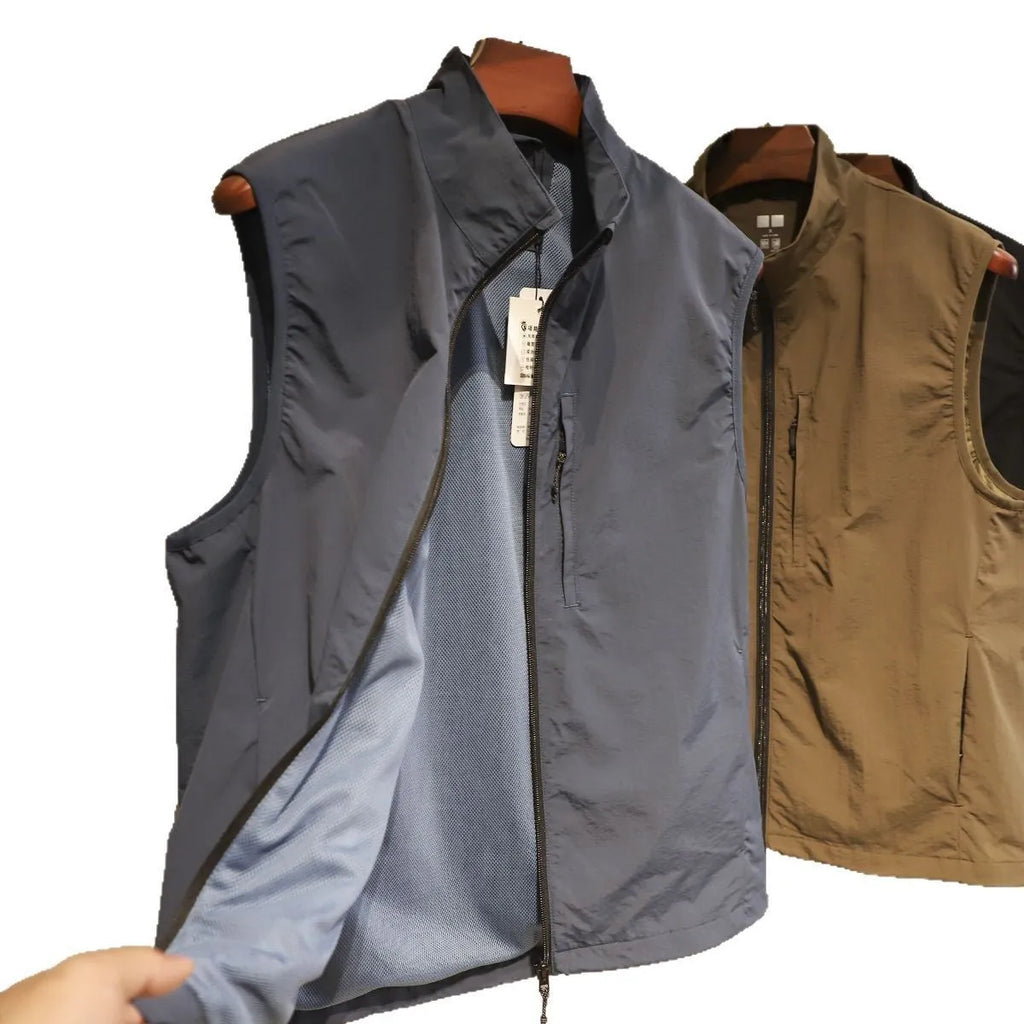 Men's straight cut nylon vest in army green with side seam pockets and cardigan style front