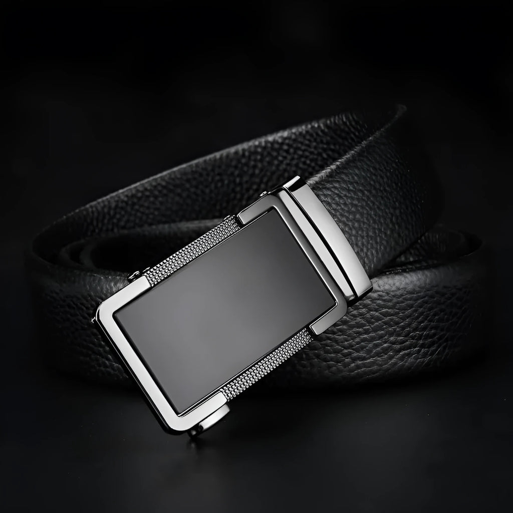 Men's leather belt with automatic Comfort Click buckle in gun black finish showing 2-4cm width
