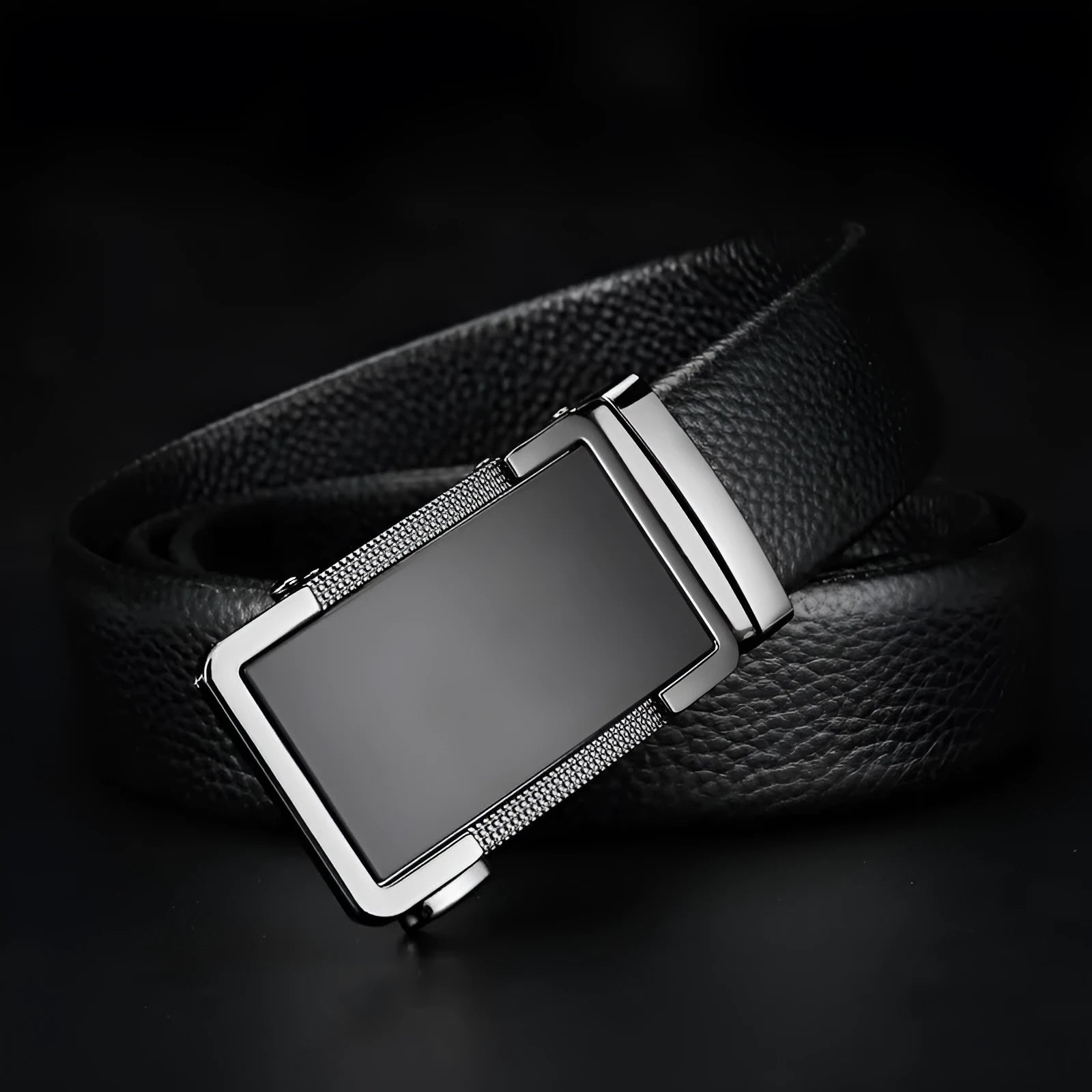 Men's leather belt with automatic Comfort Click buckle in gun black finish showing 2-4cm width