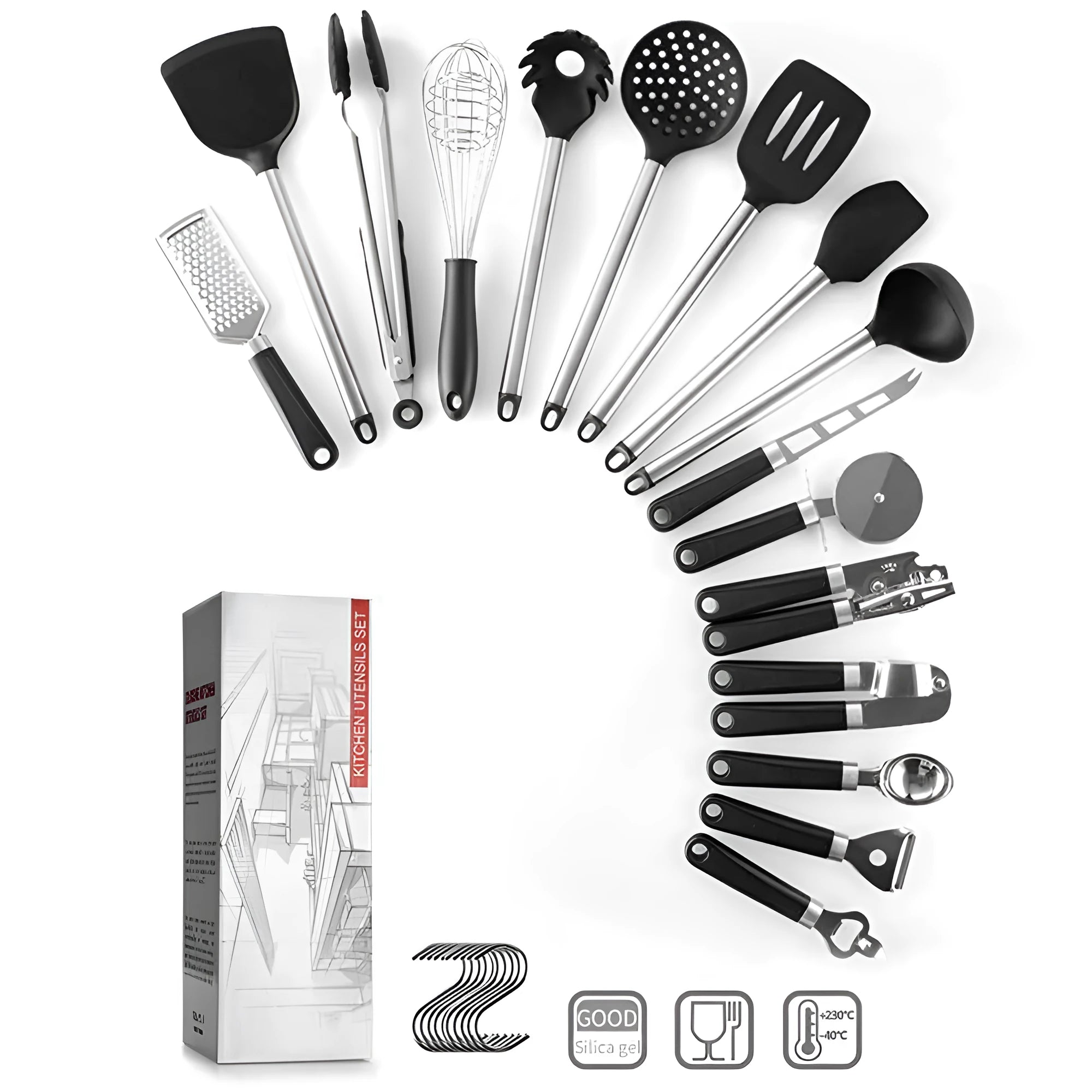 16-piece black silicone and stainless steel kitchen utensil set including spatulas and spoons.