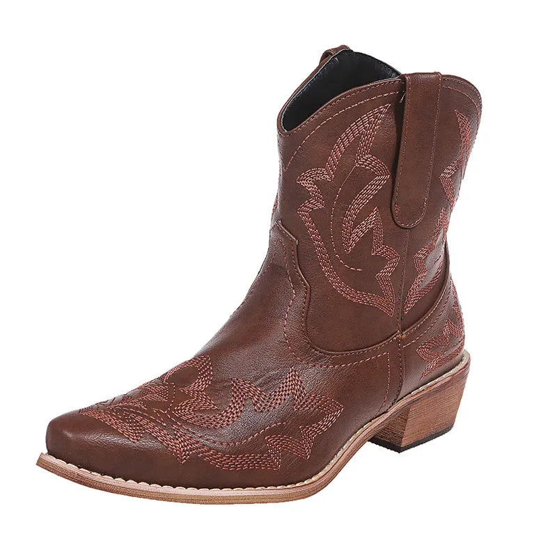 Women's blue cowboy boots with wedge heel, pointed toe, and embroidery details on low canister.