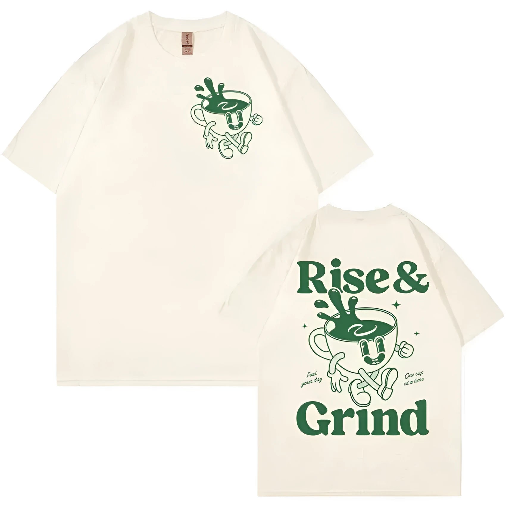 Rise And Grind green coffee cartoon print on a loose-fit linen T-shirt in khaki colour