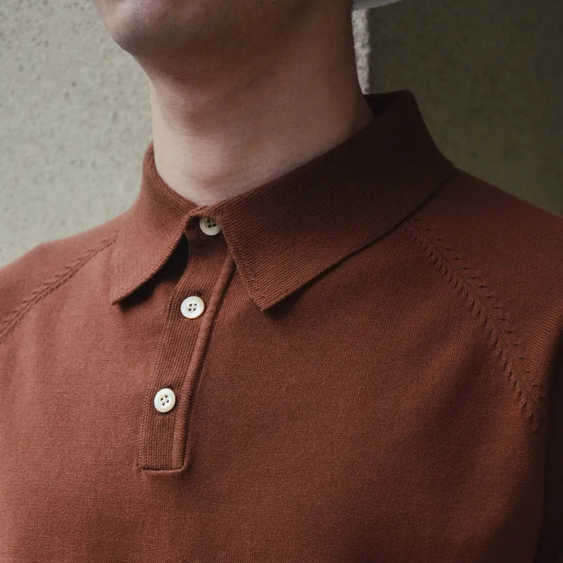 Retro knitted cotton short-sleeved slim fit T-shirt in dark brown solid colour