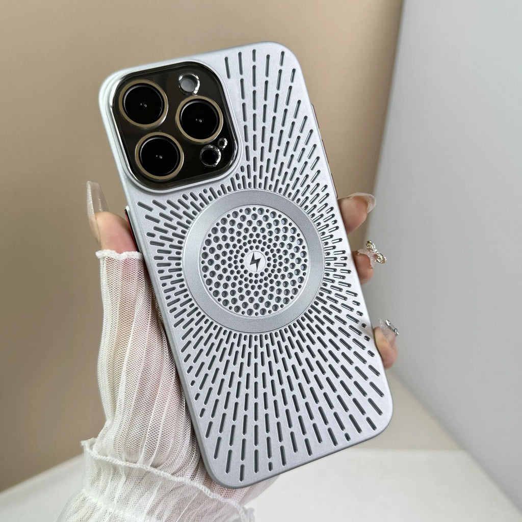 PC phone case with breathable heat dissipation hollow design in platinum black for iPhone 13