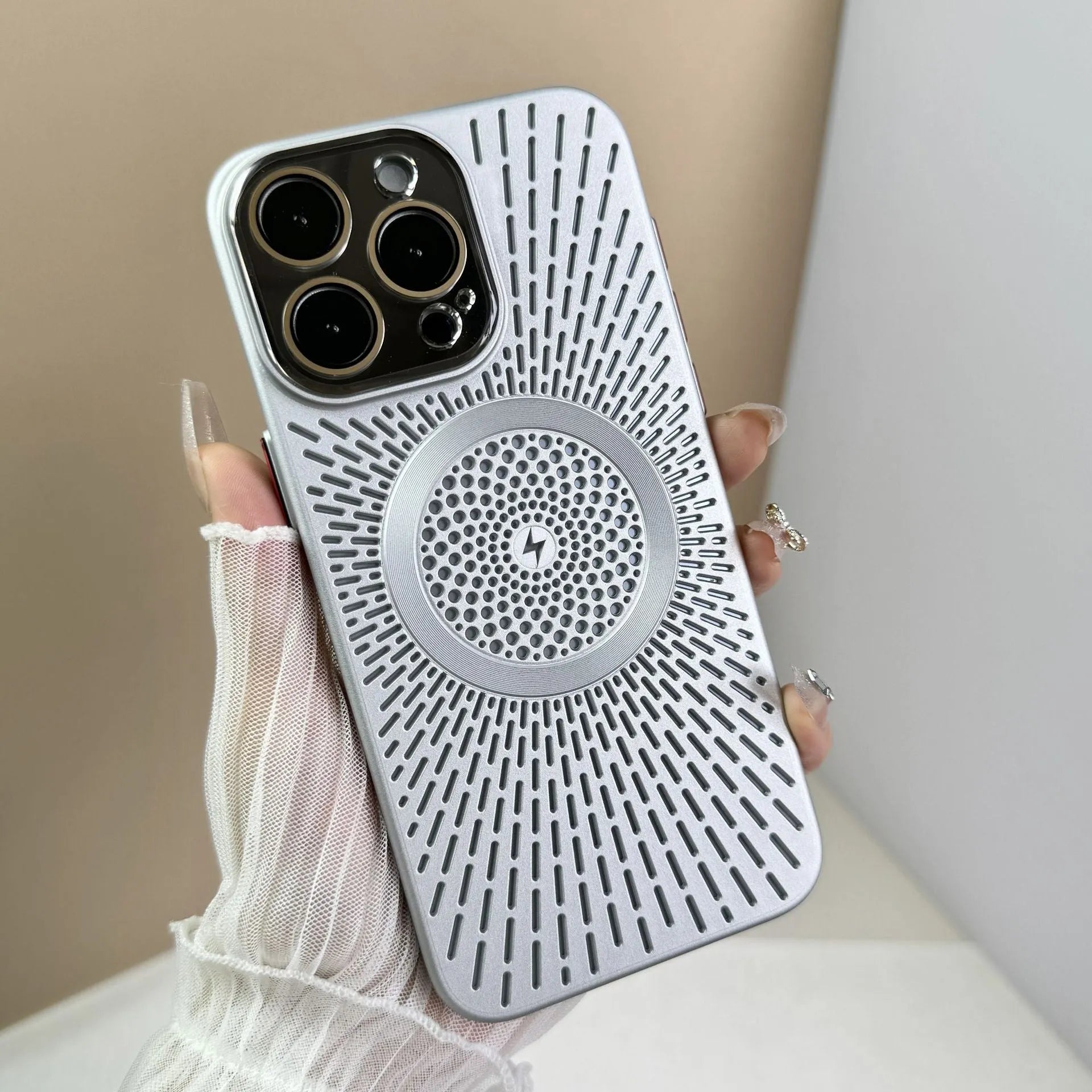 PC phone case with breathable heat dissipation hollow design in platinum black for iPhone 13