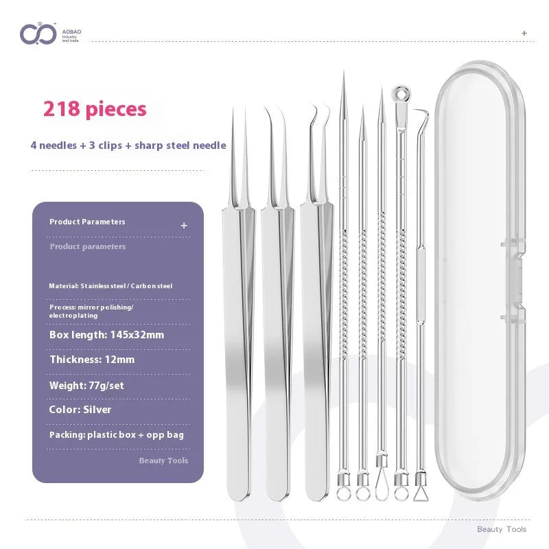 Four silver metal acne needles with pointed tips laid out on a surface.