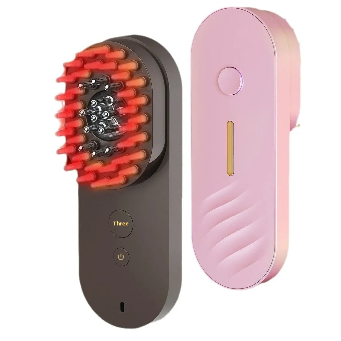 Pink and black smart massage comb with red light therapy for hair care, measuring under 10cm