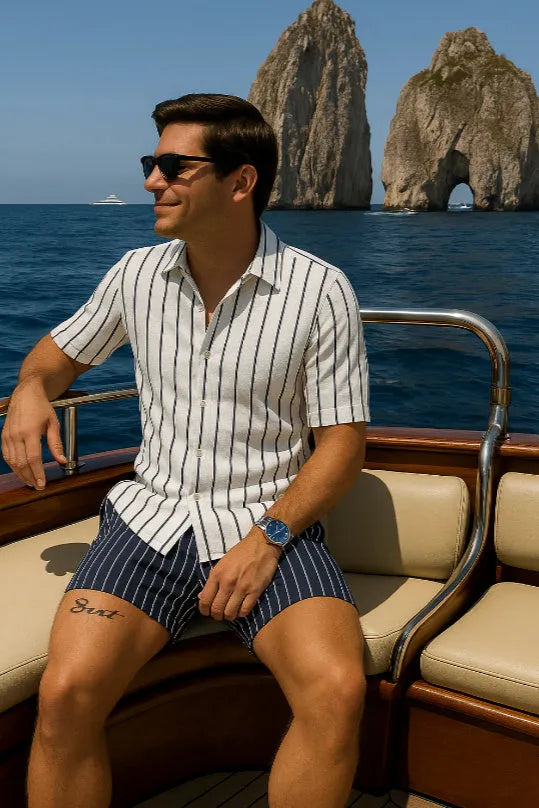 Men's beach shirt and shorts set in four-sided elastic fabric with casual styling