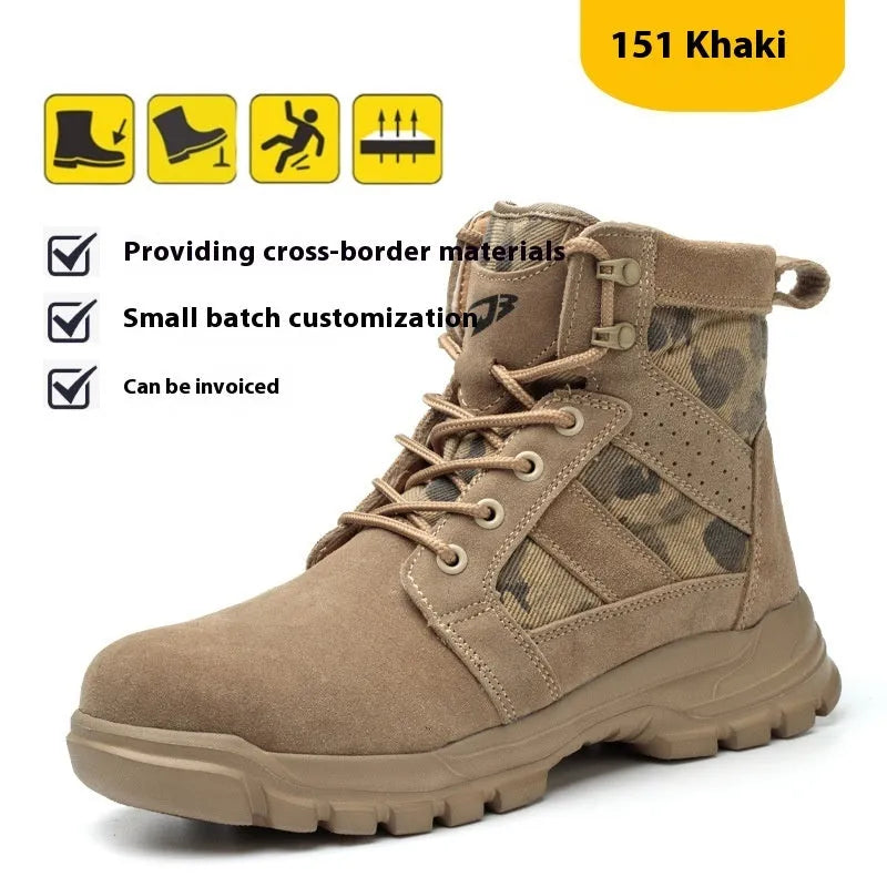 Khaki suede high-top combat boots with steel toe cap and lace-up front closure