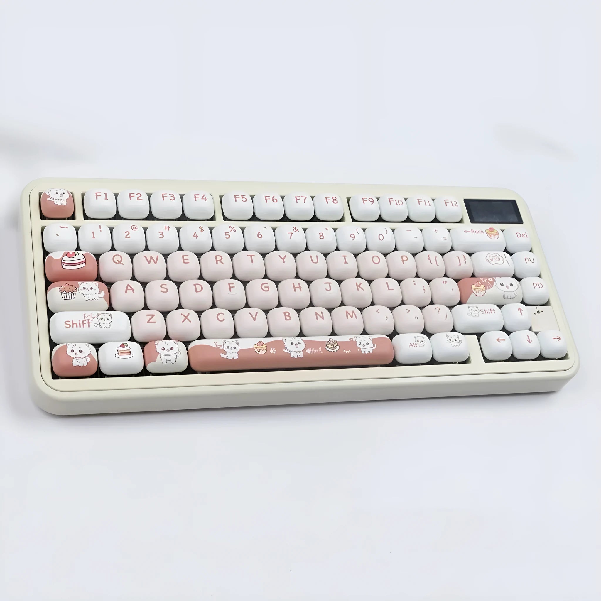 Dessert Cat cartoon themed MOG round key cap set for mechanical keyboards on a white background.