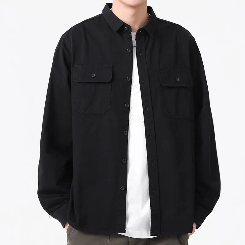 Men's loose-fitting long sleeve cardigan shirt in lightweight polyester fabric
