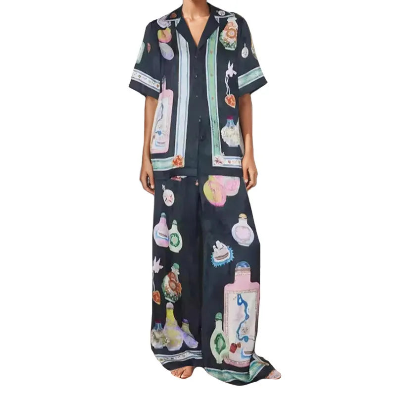 Black women's cardigan and trousers set with cartoon pattern in sizes S M L XL 2XL 3XL
