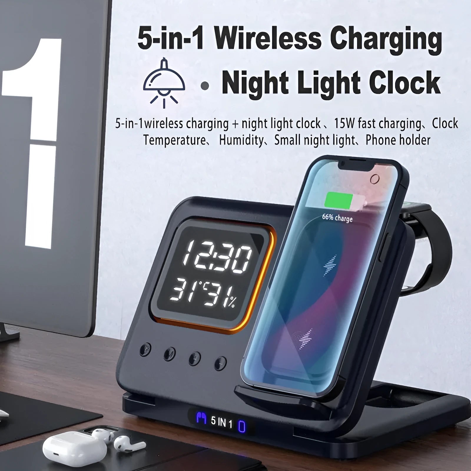 Black 5-in-1 wireless charging station showing phone charging alongside digital clock with temperature display