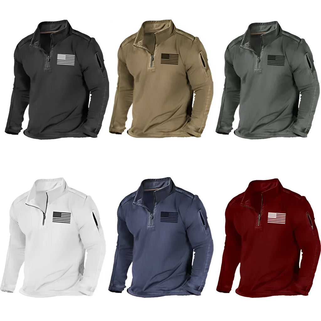 Men's dark coloured zip-up stand collar long sleeve sweater on a white background