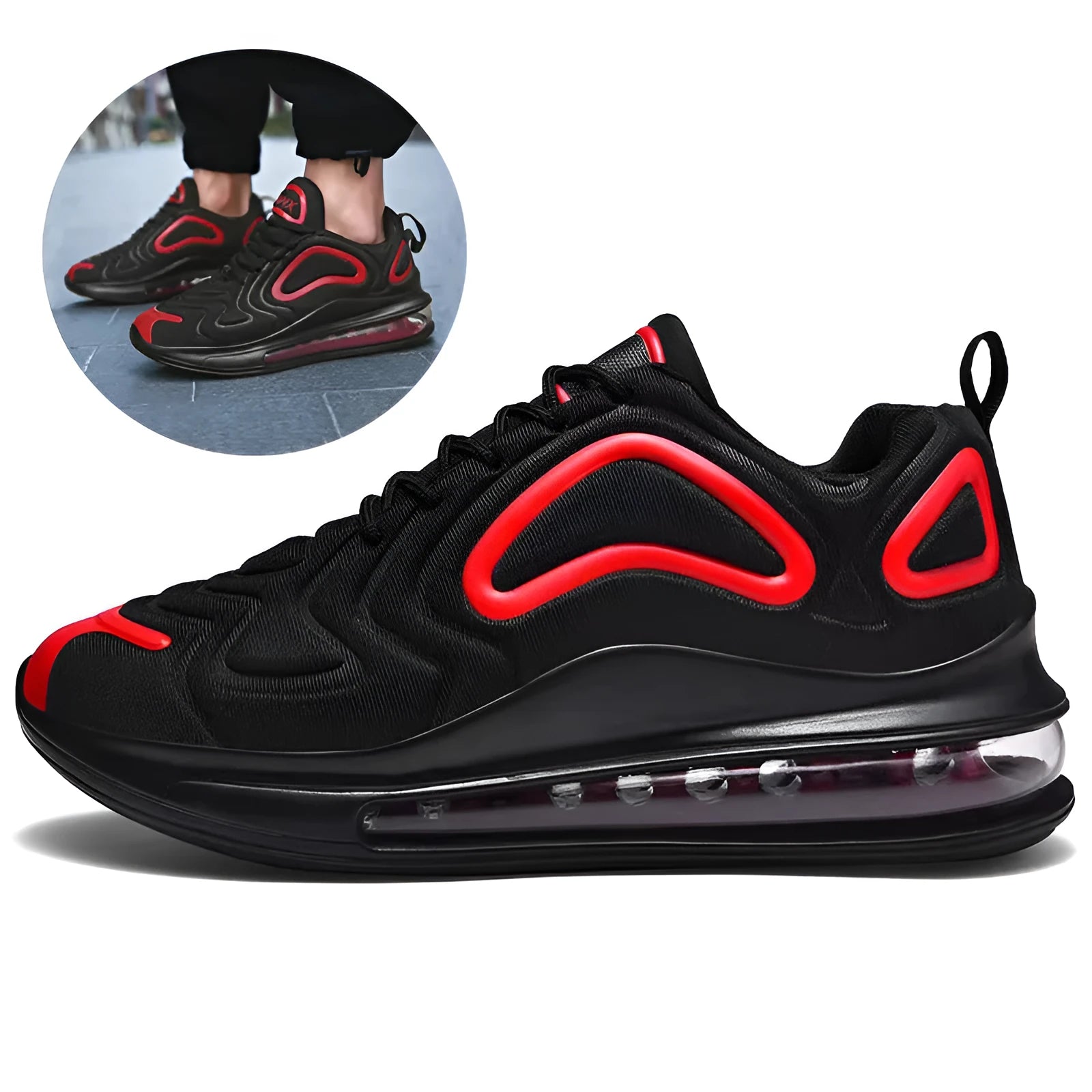 Men's black casual sneakers with lace-up front and air cushion design