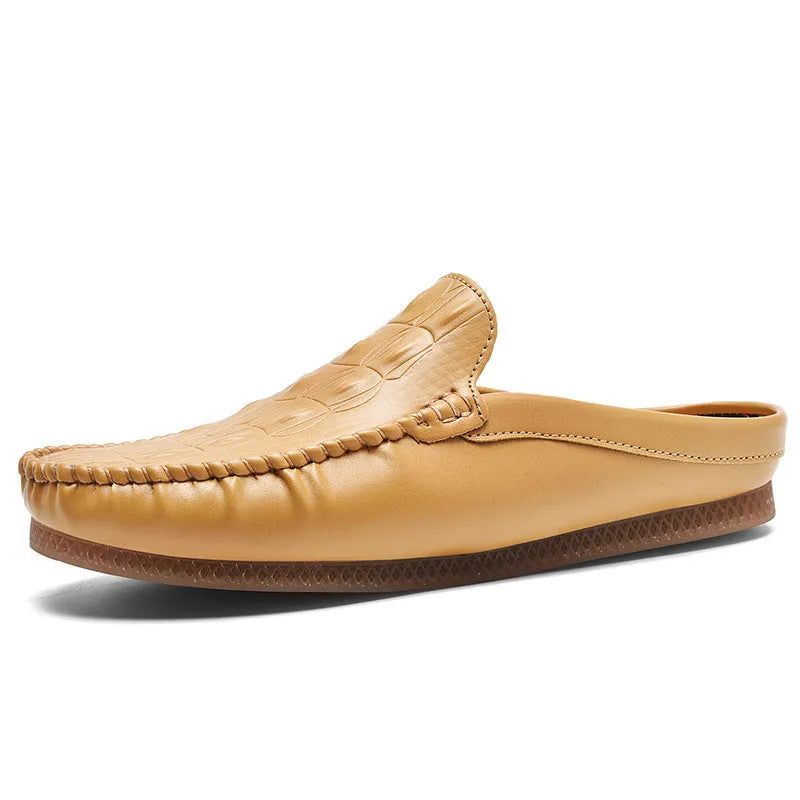 Men's black breathable semi-slippers with a rubber sole and artificial PU upper on a plain background.