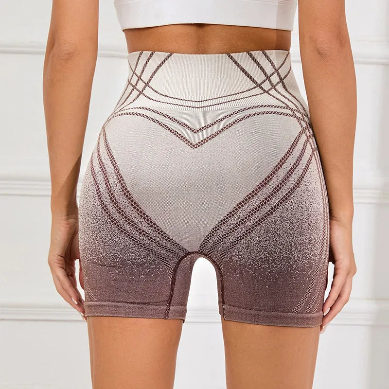 Women's high waisted gradient fitness shorts in black or brown, sized XS to L.