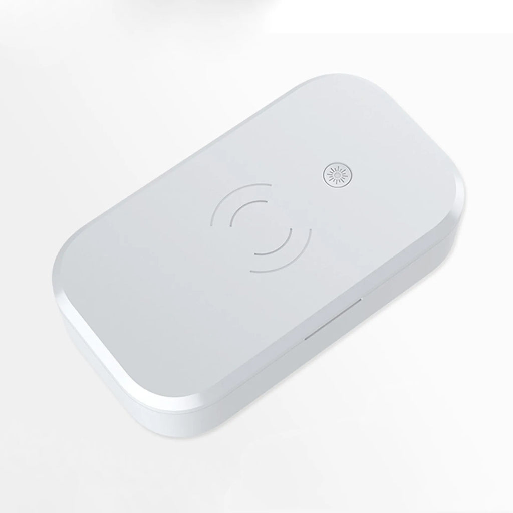 White UV disinfection box with wireless charging for nail art tools and mobile phone sterilisation