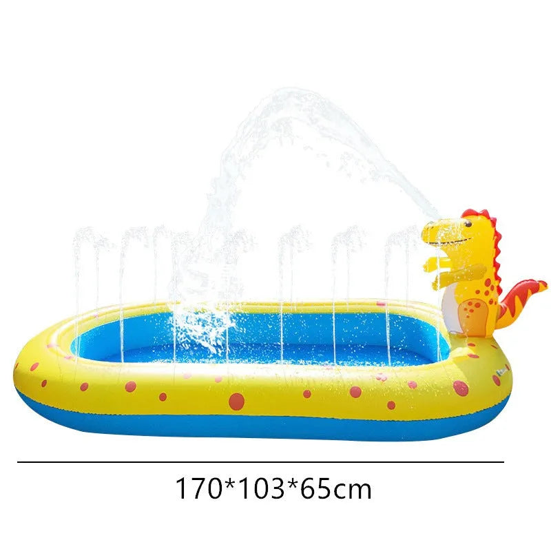 Blue inflatable dinosaur water spray pool with spray toys measuring 170cm long for outdoor play