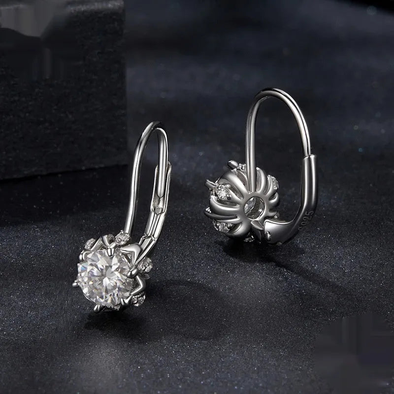 Sterling silver flower bud ear clips with moissanite stone and white gold plating