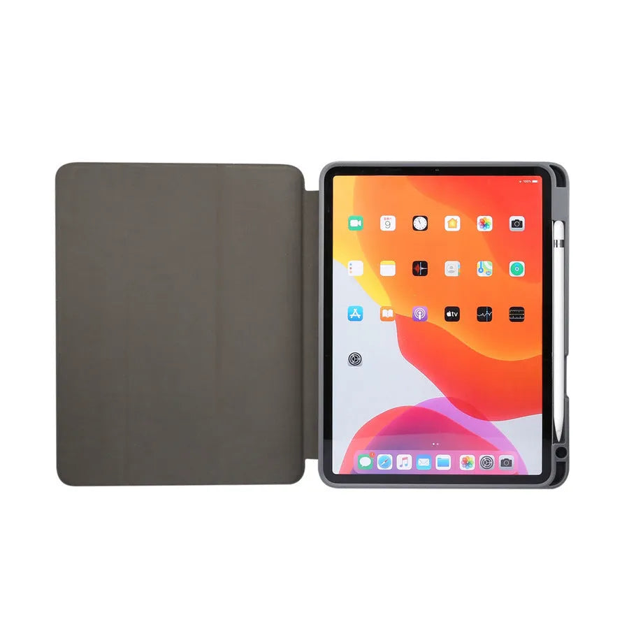Tri-fold imitation leather iPad case with marbling pattern and a visible pen slot on the side.