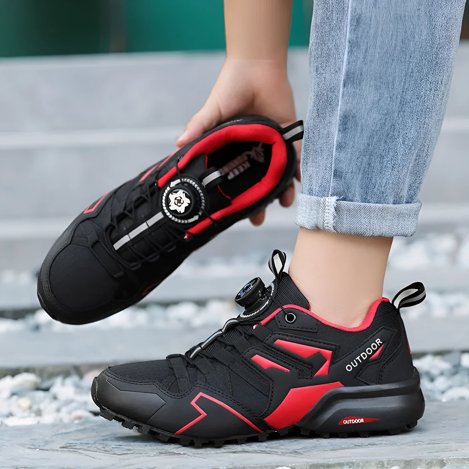 Men's beige off-road hiking shoe with an elastic band closure and natural rubber sole.