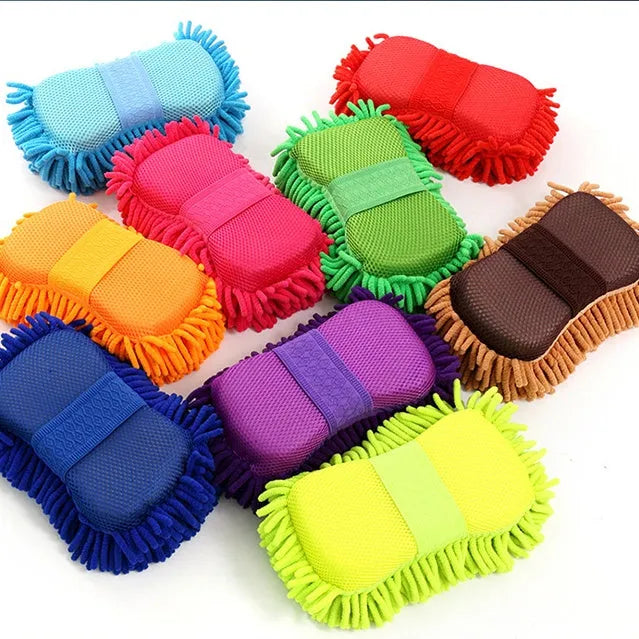 Silver green microfiber chenille car wash sponge measuring 14x25cm for vehicle and household cleaning