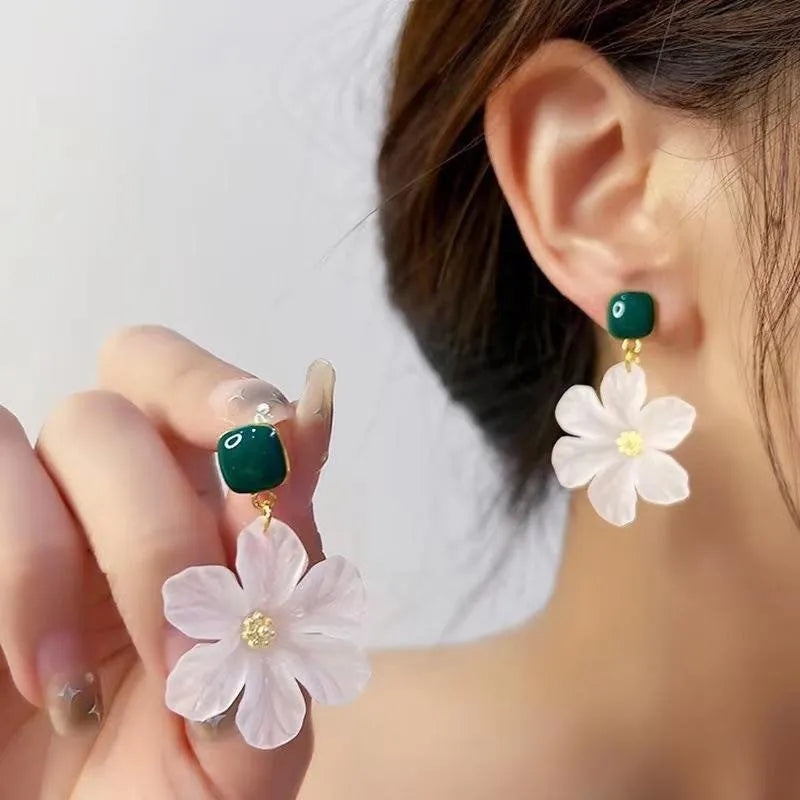 Dark green alloy drop earrings with floral needle flowers sweet filigree design