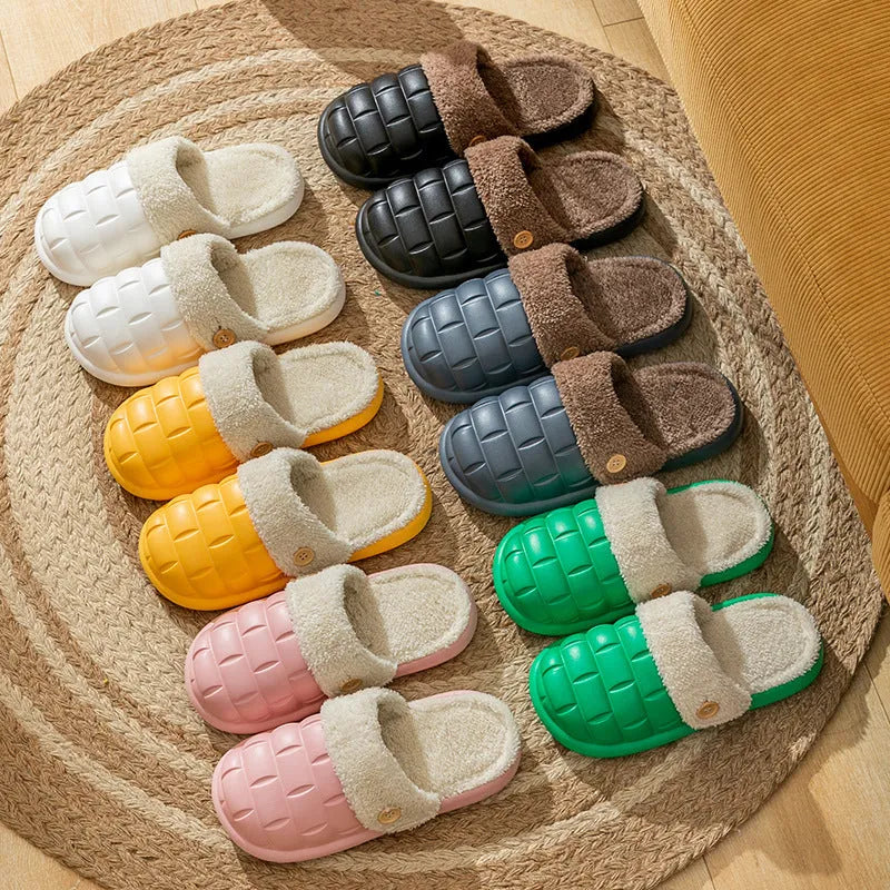 Plaid patterned detachable slippers with a warm plush lining and a textured EVA nonslip sole.