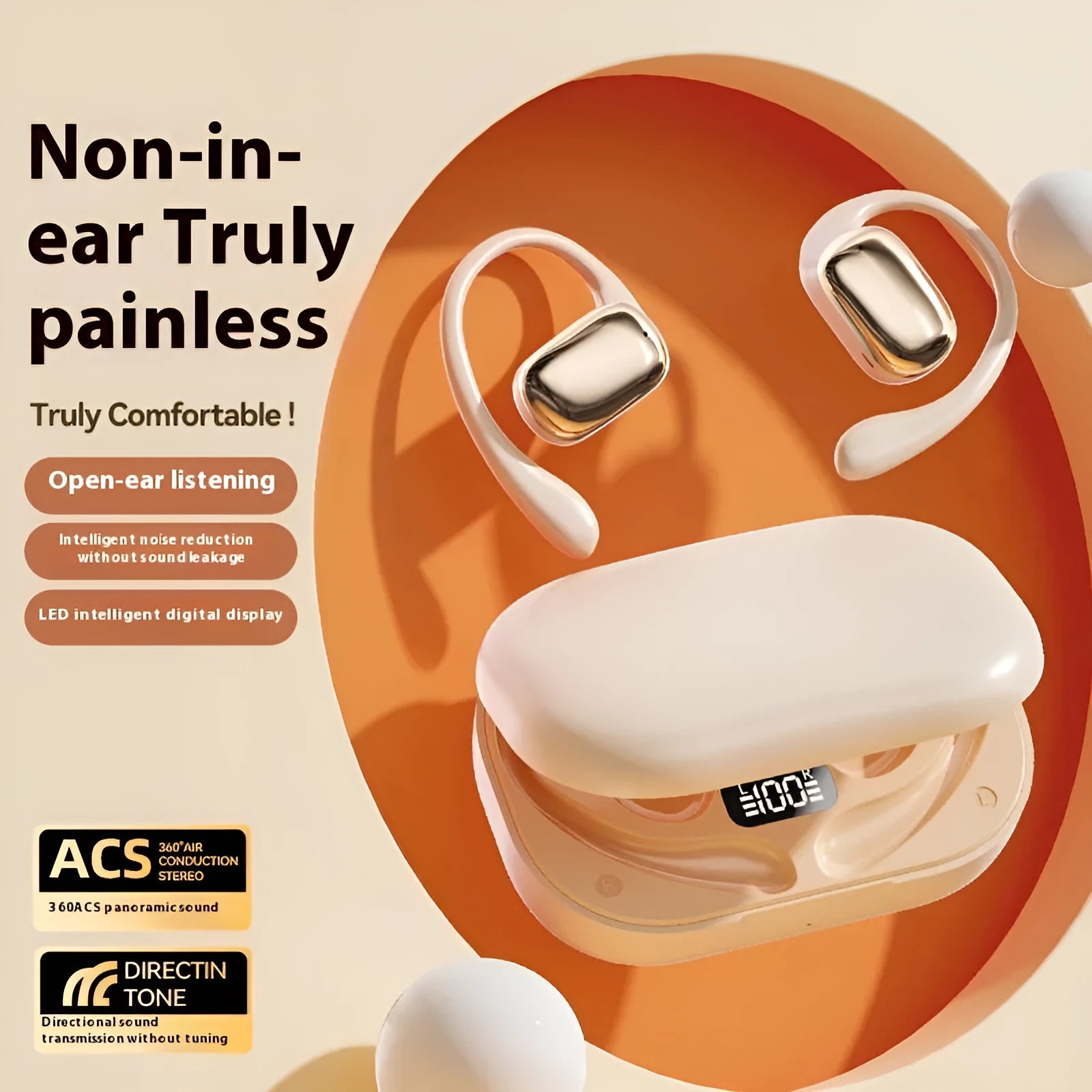 Ear-mounted wireless headphones with digital display in black, skin colour, or white ABS casing