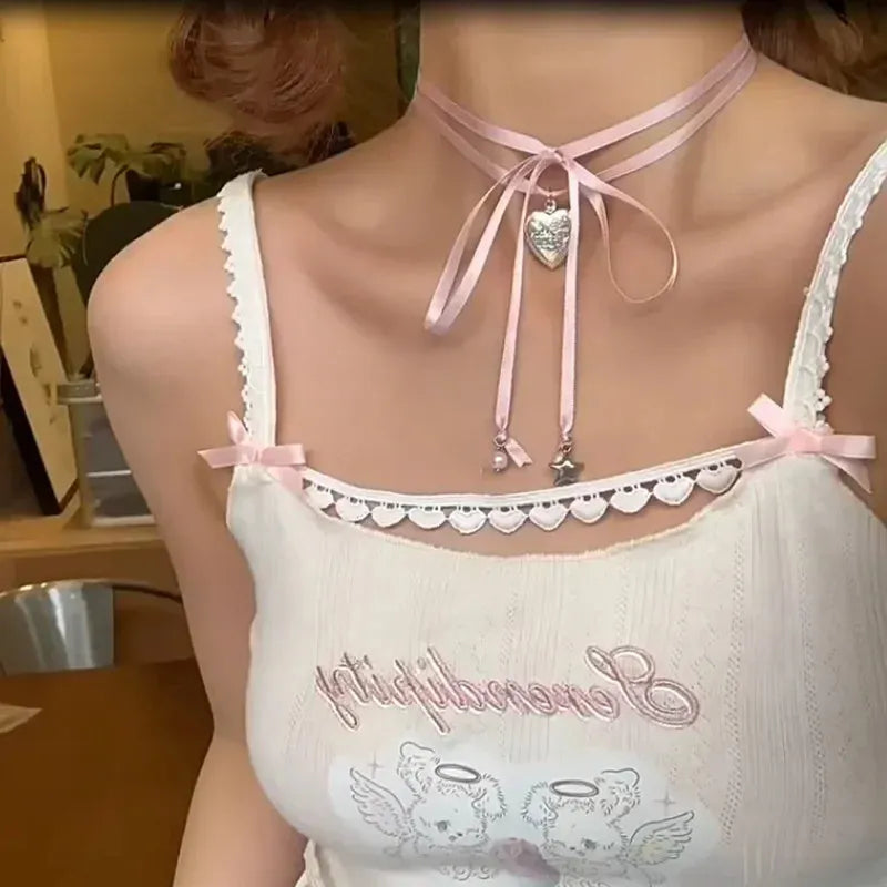 Women's ribbon love pendant fashion necklace in alloy with electroplated finish, clavicle chain length