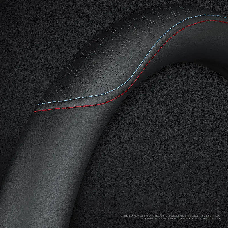 Black two-colour line steering wheel cover for Suzuki vehicles with 38cm diameter and Napa leather texture