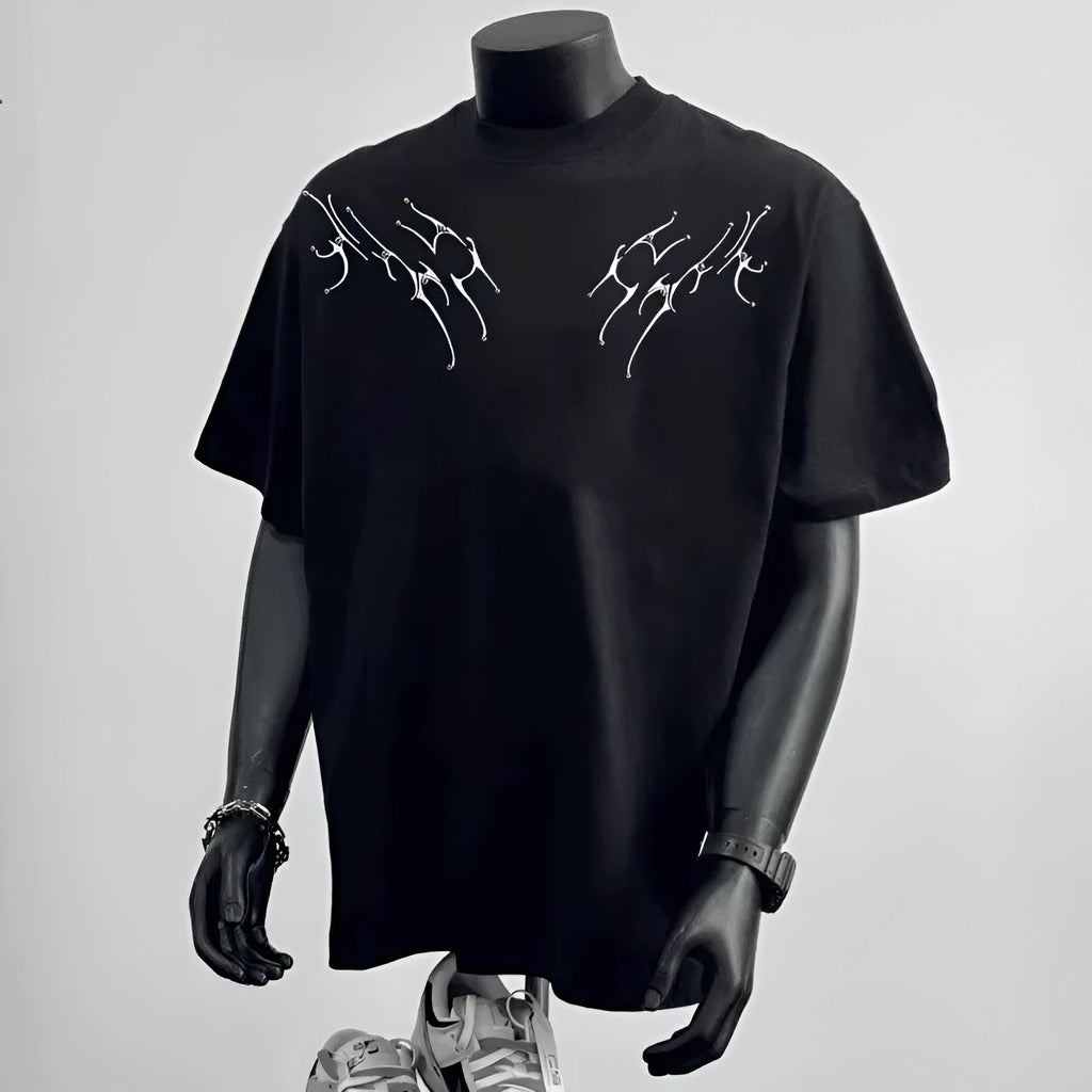Men's black and white cotton T-shirt with loose fit and printed letter design for casual business wear