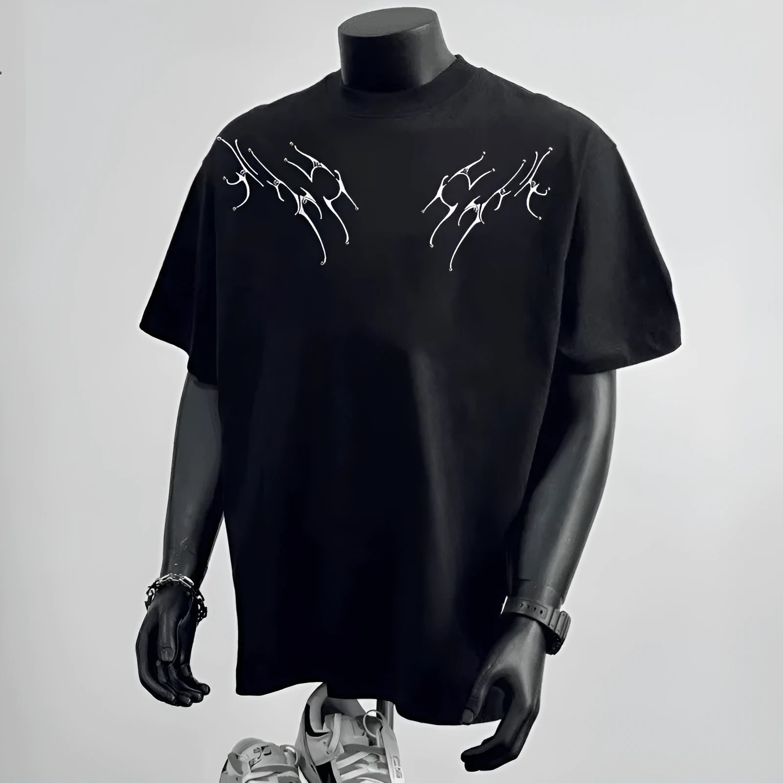 Men's black and white cotton T-shirt with loose fit and printed letter design for casual business wear