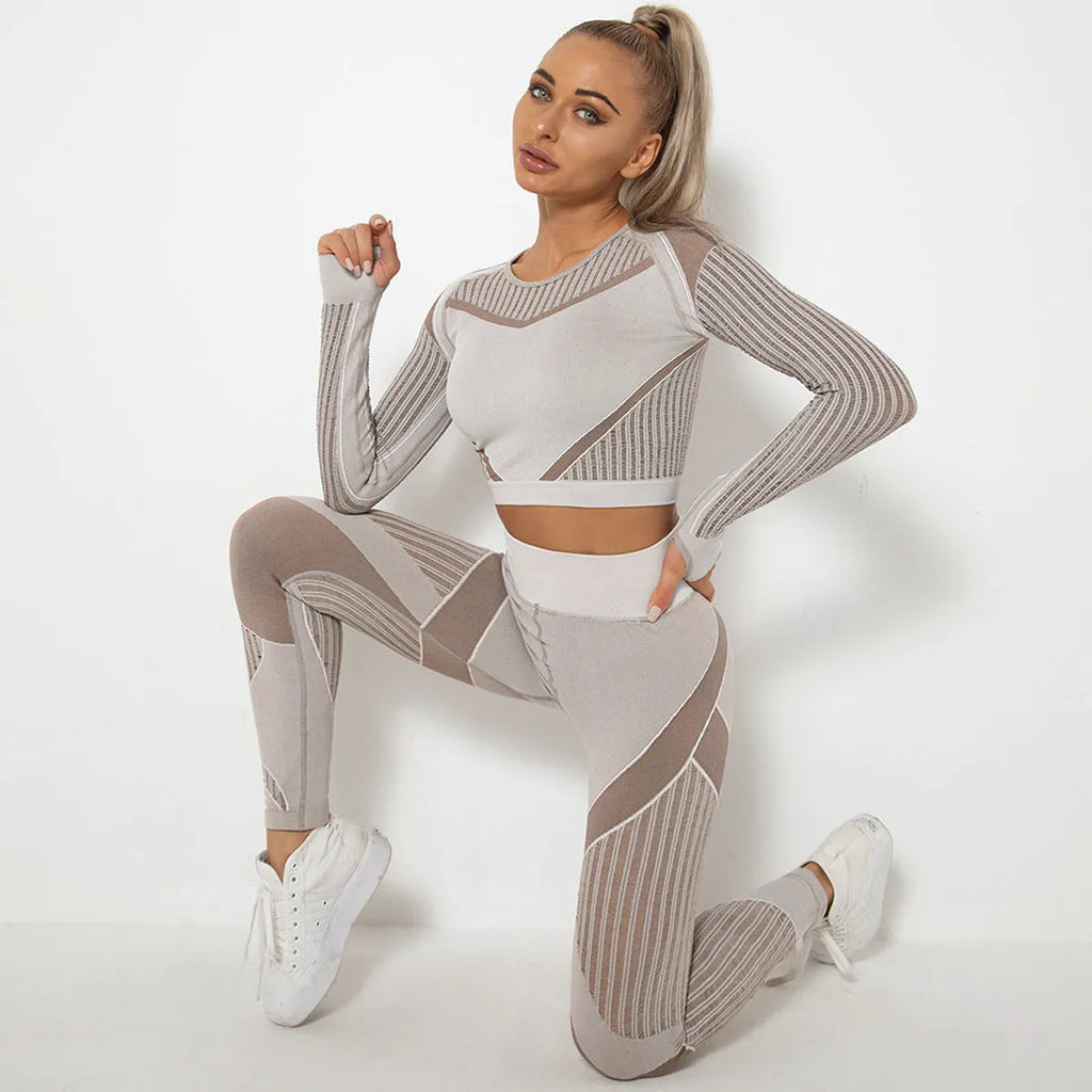 Women's seamless knitted long sleeve yoga wearsuit in a striped pattern, shown in a neutral colour.