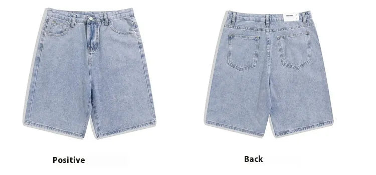 Men's straight-leg denim shorts in light blue on a mid waist model