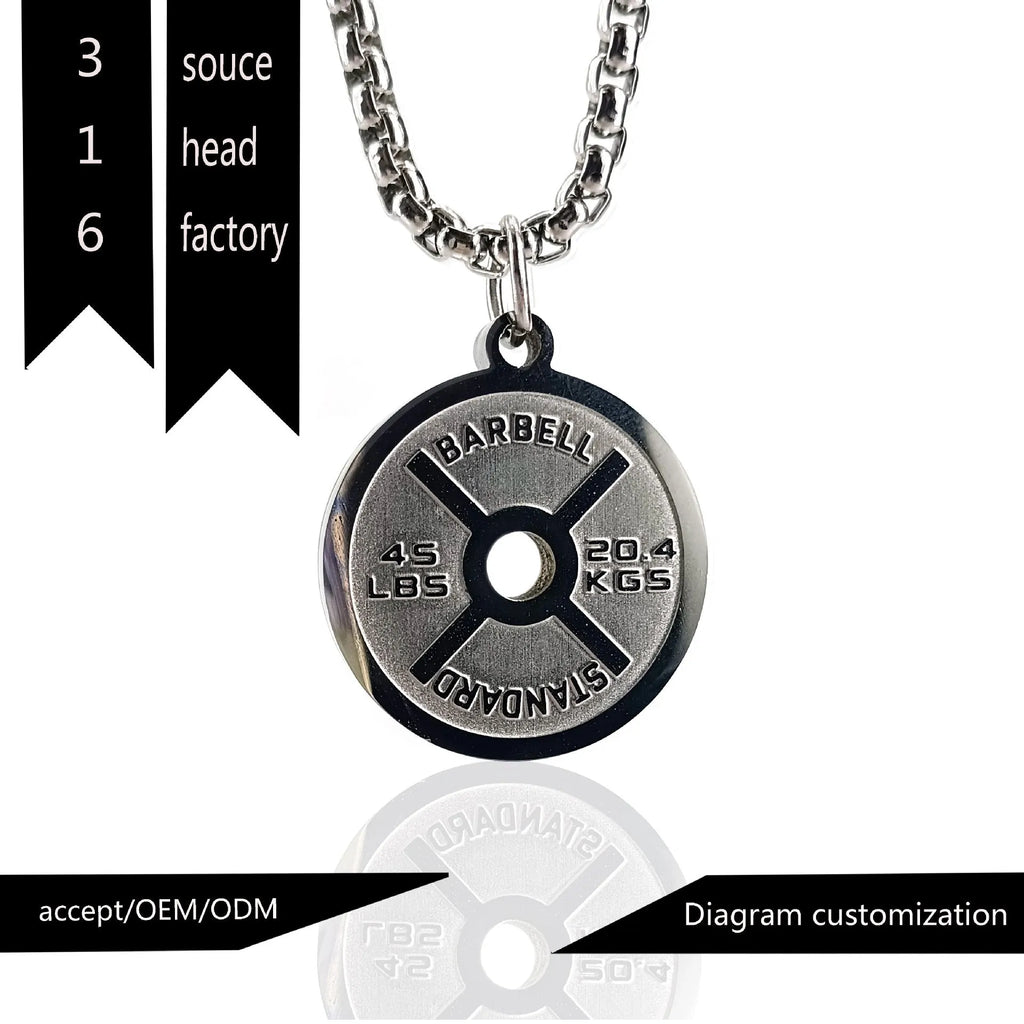 Stainless steel geometric barbell disk pendant necklace with 60cm chain on black background