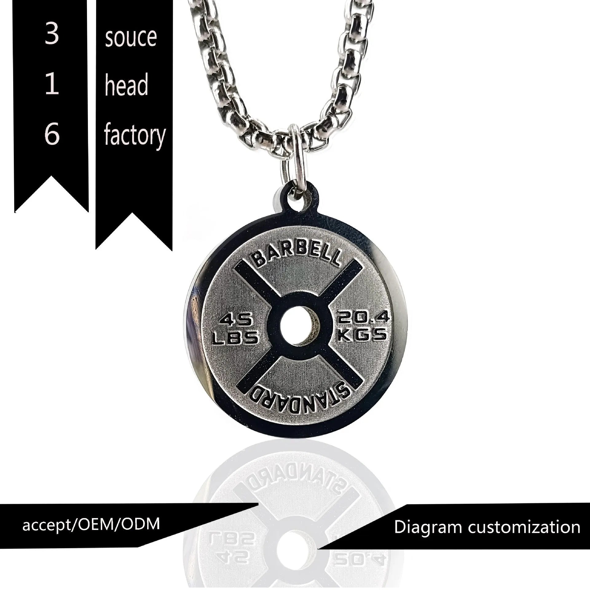 Stainless steel geometric barbell disk pendant necklace with 60cm chain on black background