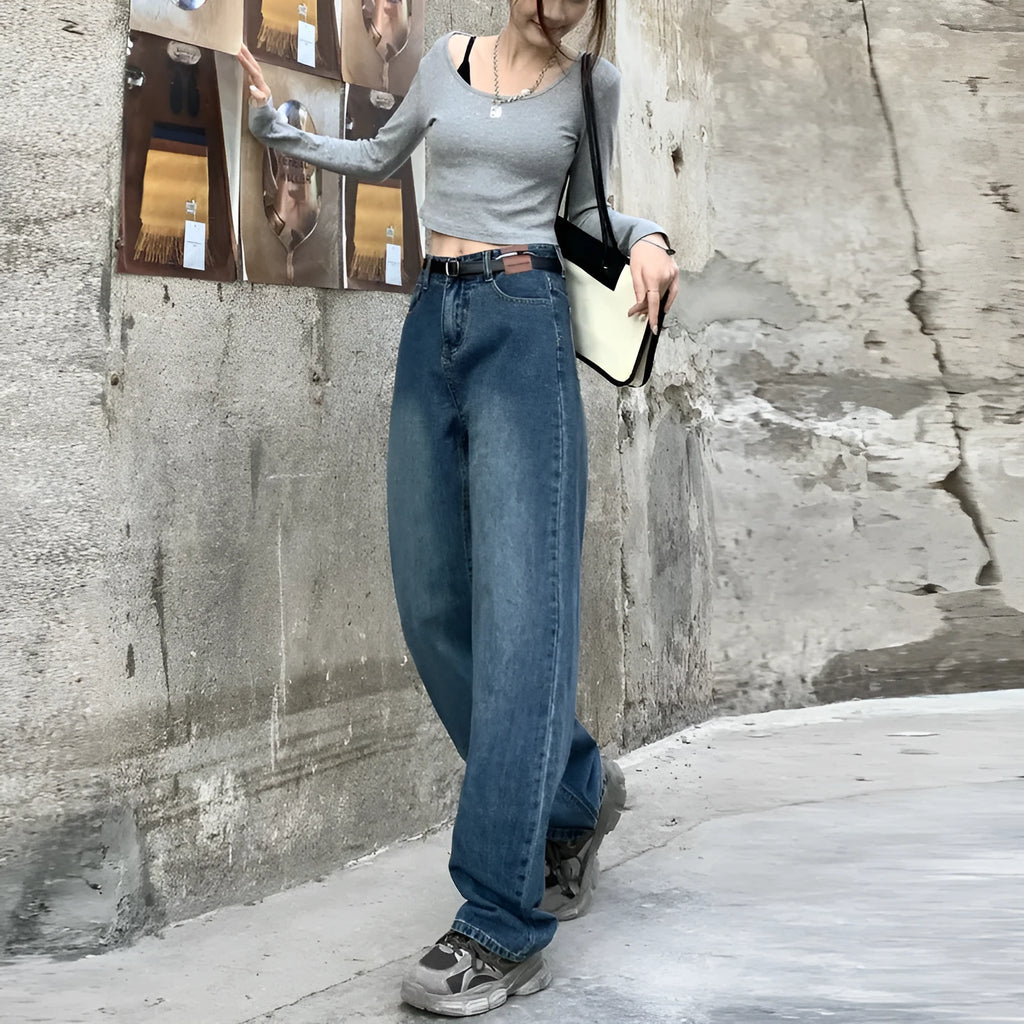 Women's retro blue straight-leg jeans with high waist in three length variations
